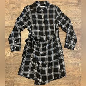 UnTuckit Black & Gray Tessa Plaid Faux Wrap Button Down Shirt Dress Size 14